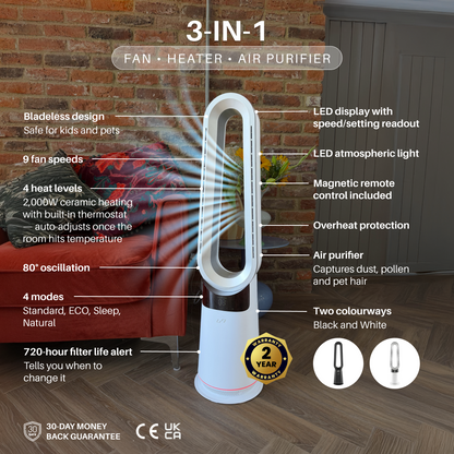 3 in 1 Bladeless Fan Heater Air Purifier (White / Silver)