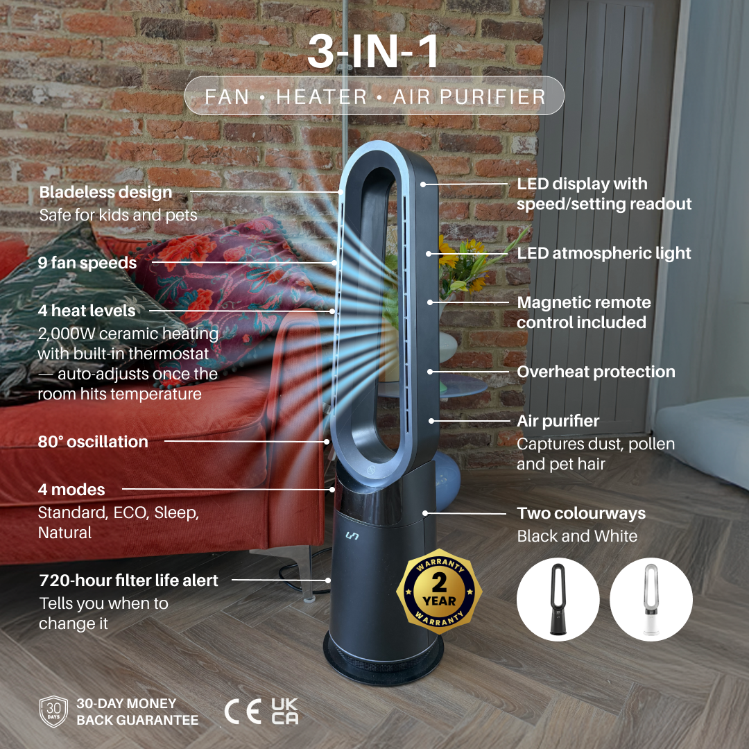 3 in 1 Bladeless Fan Heater Air Purifier (Black)